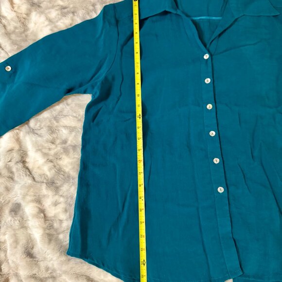 Fidaze 100% Linen Button Down Shirt Teal Blue 3/4 Sleeve Size Large - Picture 3 of 10